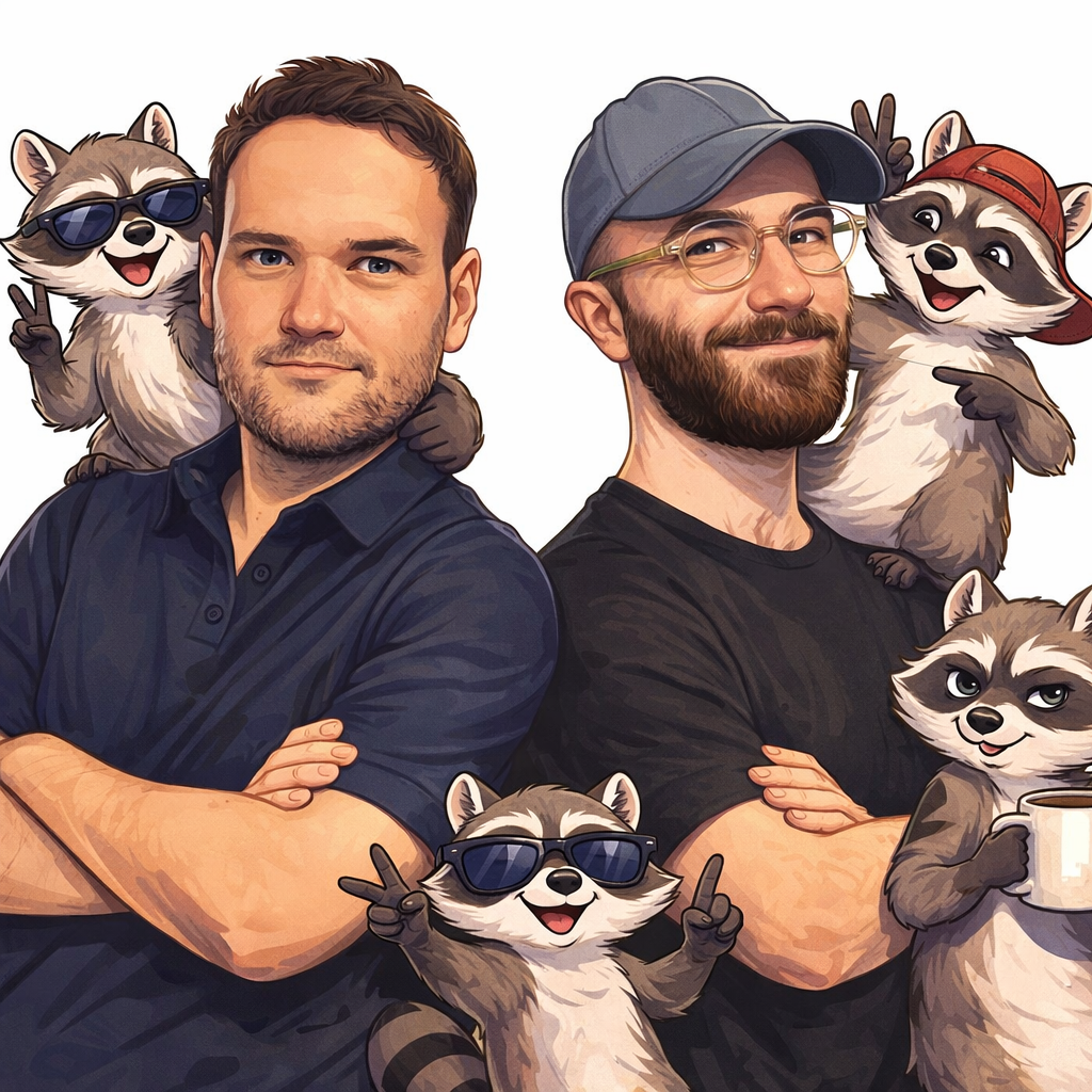 Illustrated portrait of Causo founders Ivan and Dawid with their raccoons